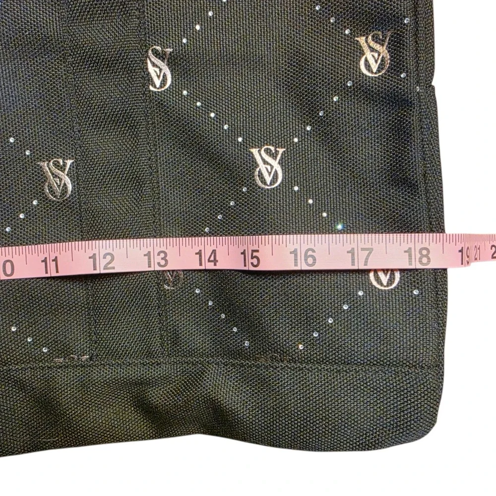 Victoria's Secret Black Canvas Tote Bag Silver Monogram Rhinestone Zip Top NEW